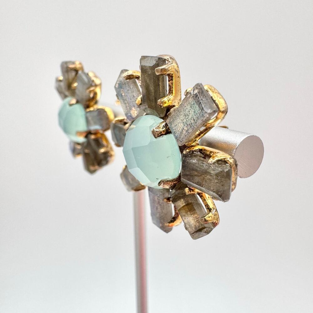 Labradorite Baguette Faceted Chalcedony 925 Sterling Silver Sunburst Earrings - Picture 3 of 14